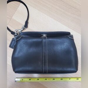 Coach Turnlock Wristlet Clutch Black Soft Leather Top Foldover White Stitching